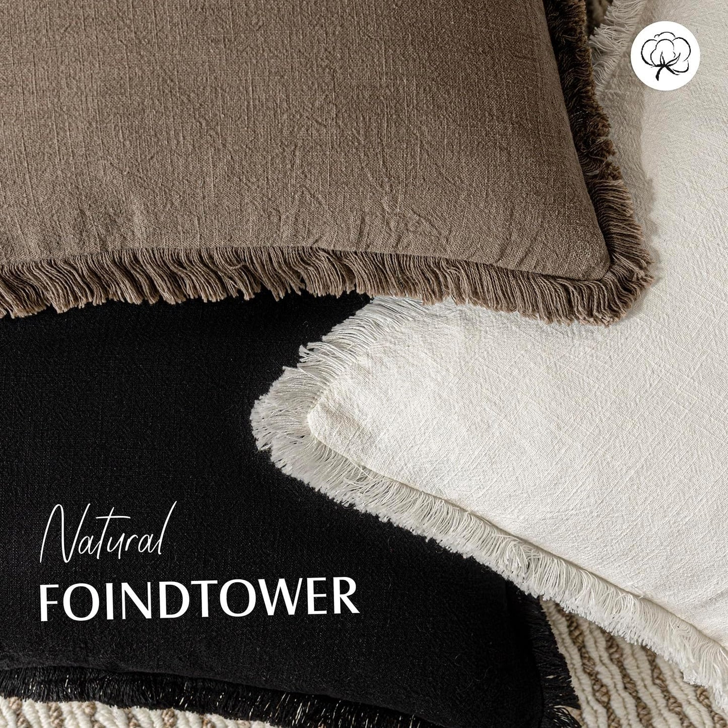 Foindtower Set of 2 Decorative Linen Fringe Throw Pillow Covers Cozy Boho Farmhouse Cushion Cover with Tassels Soft Accent Pillowcase for Couch Sofa Bed Living Room Home Decor,18×18 Inch,Light Brown