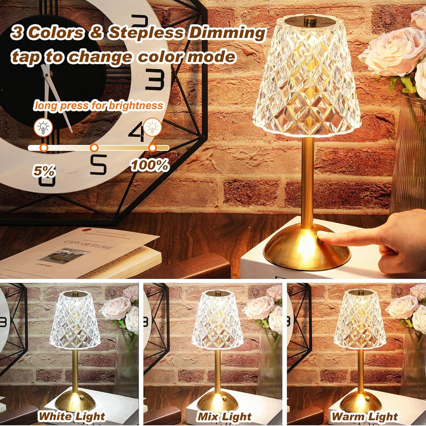 Liliful 2 Pcs LED Portable Cordless Table Lamp Touch Battery Operated Rechargeable Desk Lamp 3 Color Dimmable for Bedroom Living Room Dining (Diamond Style,Gold)