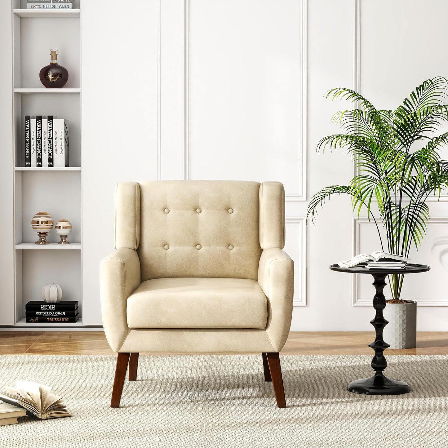 UIXE PU Leather Accent Chairs Set of 2, Modern Arm Club Chair Upholstered Armchair for Living Room, Comfy Single Sofa Seats Button Tufted Reading Seating, Cream