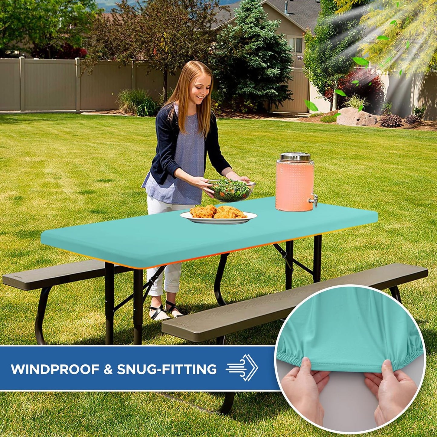 Fitted Tablecloth for 8 foot Rectangle Tables-4 Pack Aqua Blue Elastic Outdoor Picnic Table Cover-Spandex Stretch Folding Table Cloths 8ft for Camping Dining Room Patio Kitchen Banquet Party