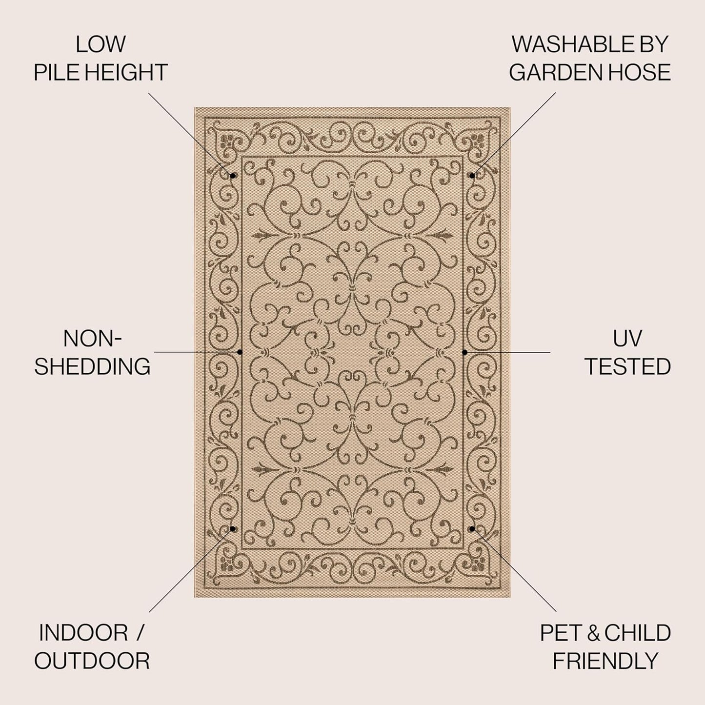 JONATHAN Y Vintage Filigree Indoor Outdoor Square Area Rug 9X9 Beige/Brown, Charleston Textured Weave for Backyard, Patio, Porch, Easy-Cleaning, High Traffic, Pet-Friendly, Non-Shedding (SMB106A-9SQ)