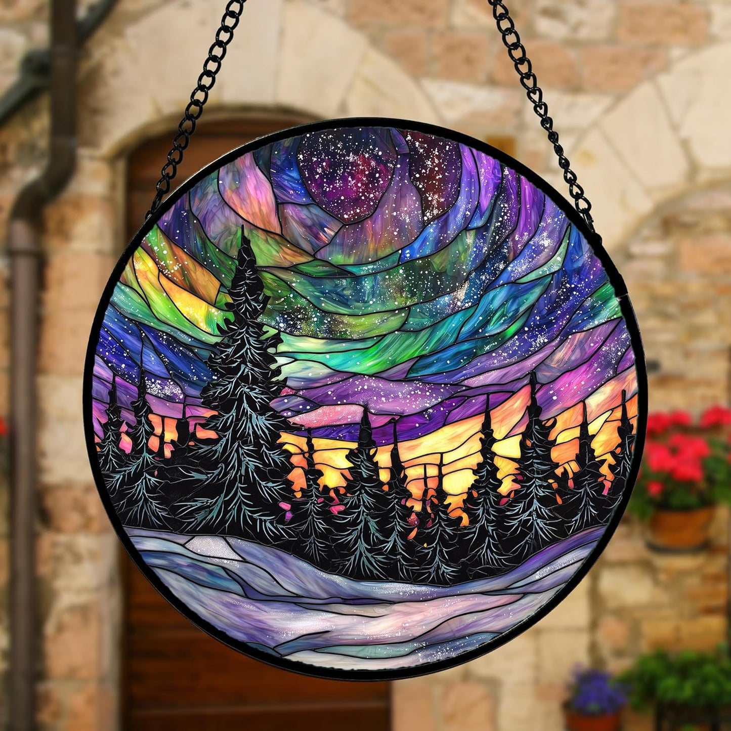 Stained Glass Window Hanging, Van Gogh Night Scene Sun Catchers Colorful Glass Panel Starry Sky Suncatcher Decor for Birthday for Women, Men, Wife, Aunt, and Mom 9.8 in