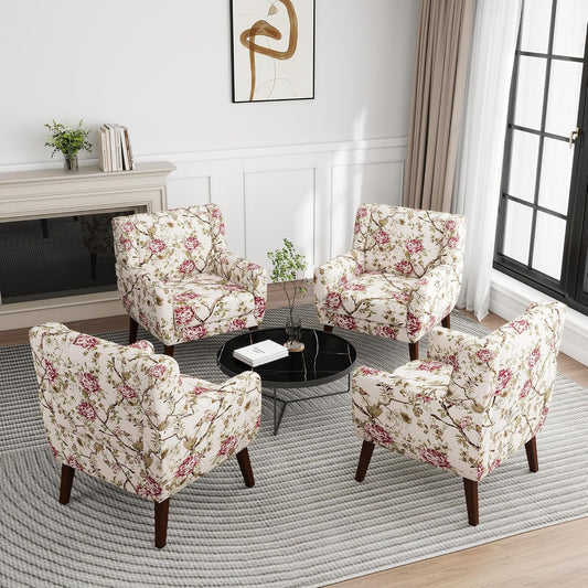 UIXE Floral Accent Chair, Modern Upholstered Armchair in Fabric for Living Room, Comfy Club Arm Chairs Single Sofa Button Tufted Bedroom Reading Seat - Pattern Floral, Set of 4