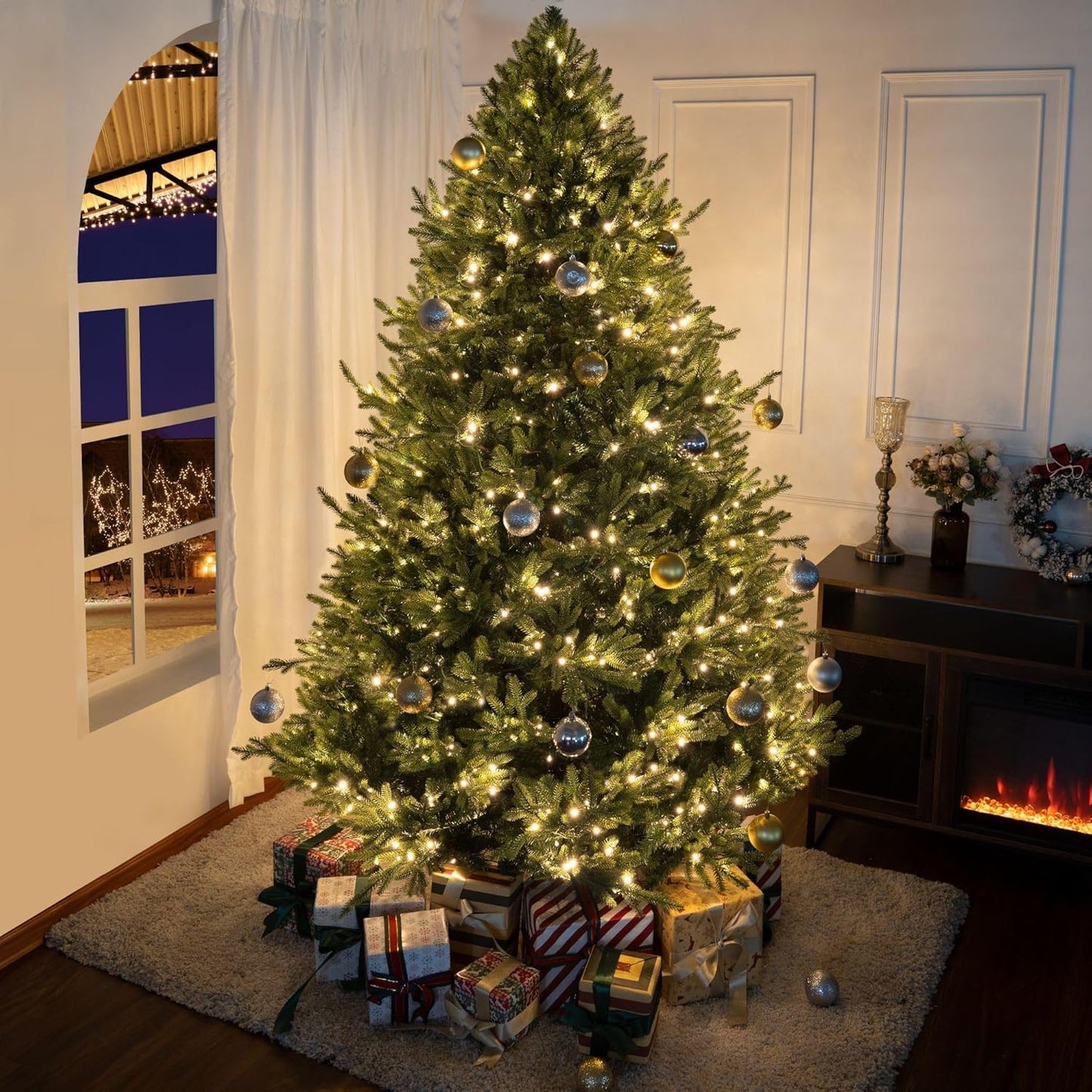 Kinsley 6.5ft Prelit Aritificial Christmas Tree with 3156 Branch Tips, 450 Warm Lights and Metal Stand, 53" Wide Realistic Traditional Christmas Tree with Lights by Naomi Home