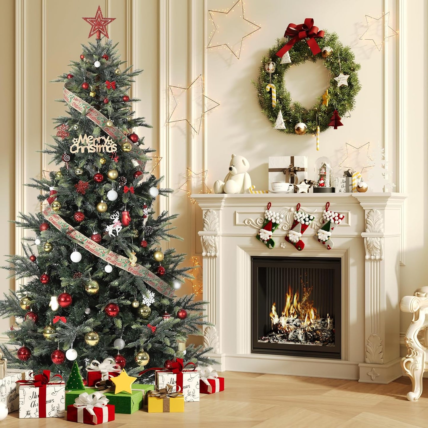 GarveeHome 9 FT Artificial Pre-lit Christmas Tree, Green PVC&PE Full Christmas Tree with 700 Warm White Lights for Home, Office, and Xmas Party Décor, Includes Stand