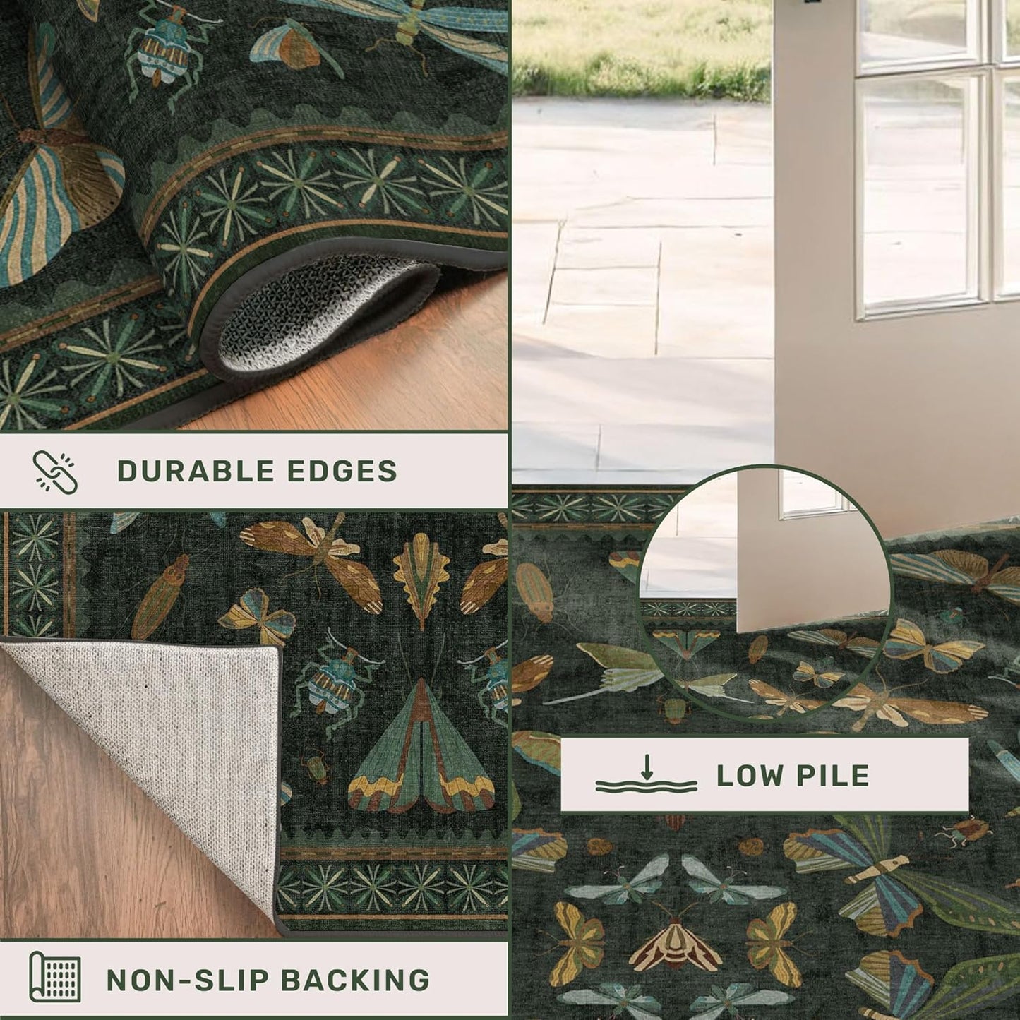 8 ft Long Hallway Runner Rug - Boho Green Rug for Kitchen Floor, Entrance Indoor, Washable Wide Runner Non Slip, Dark Green 2'6''x8'