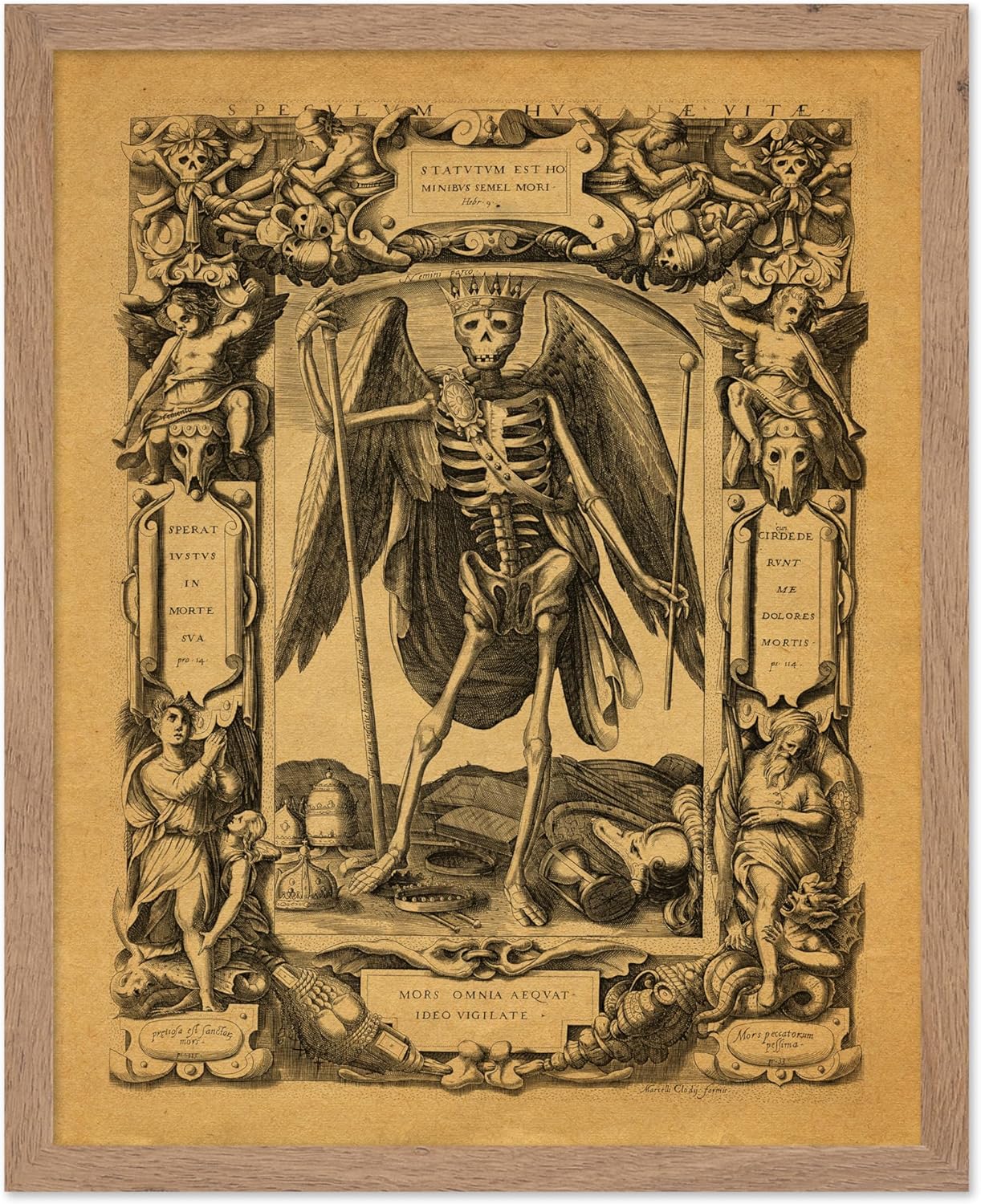 Poster Master Vintage Medieval Poster - Retro Gothic Print - Gift for Artist, Friend - Angel of Death, Memento Mori, Life, Skeleton, Dark - Wall Decor for Home, Living Room, 11x14 Beige Framed