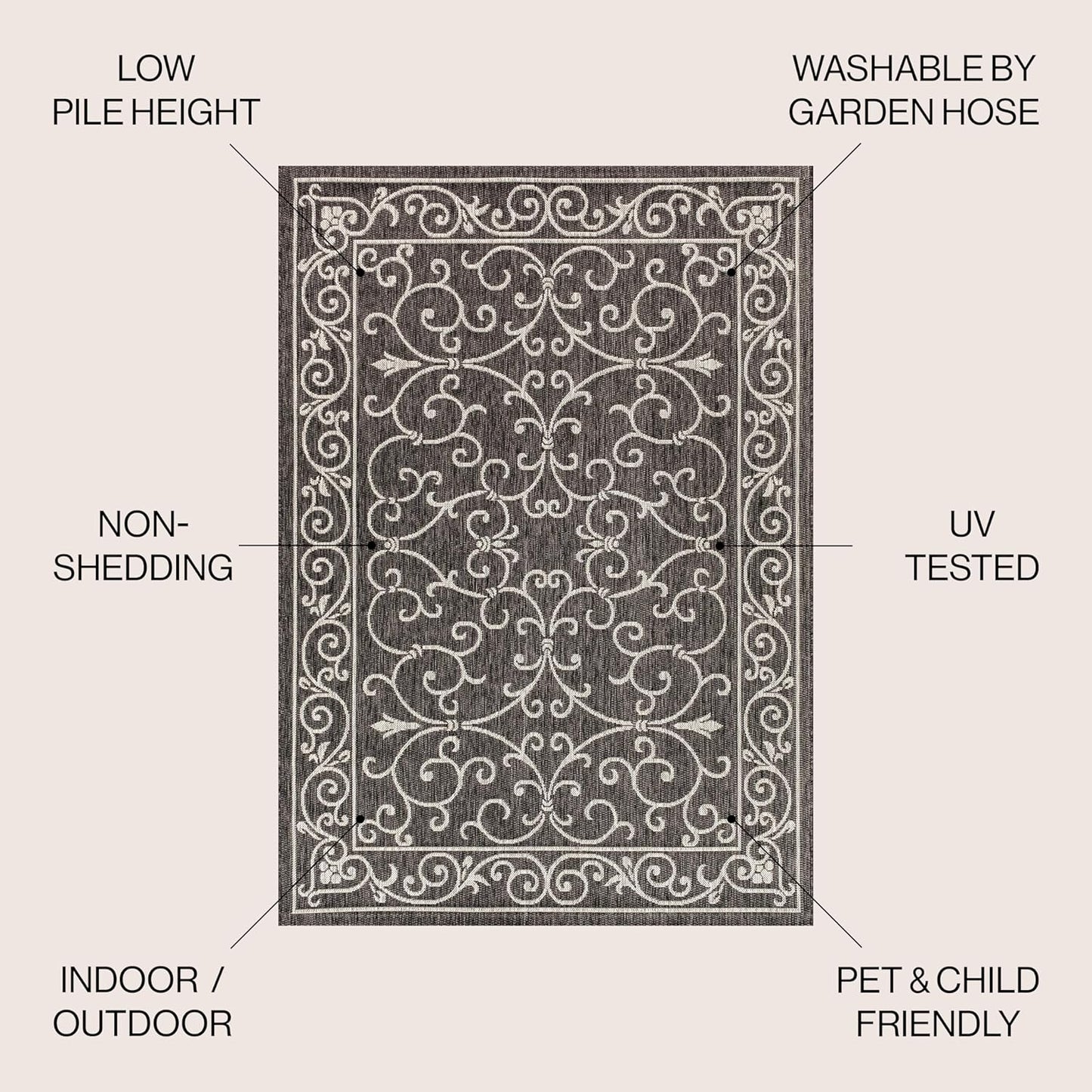 JONATHAN Y Vintage Filigree Indoor Outdoor Area Rug 9X12 Black/Gray, Charleston Textured Weave for Backyard, Patio, Porch, Easy-Cleaning, High Traffic, Pet-Friendly, Non-Shedding (SMB106G-9)