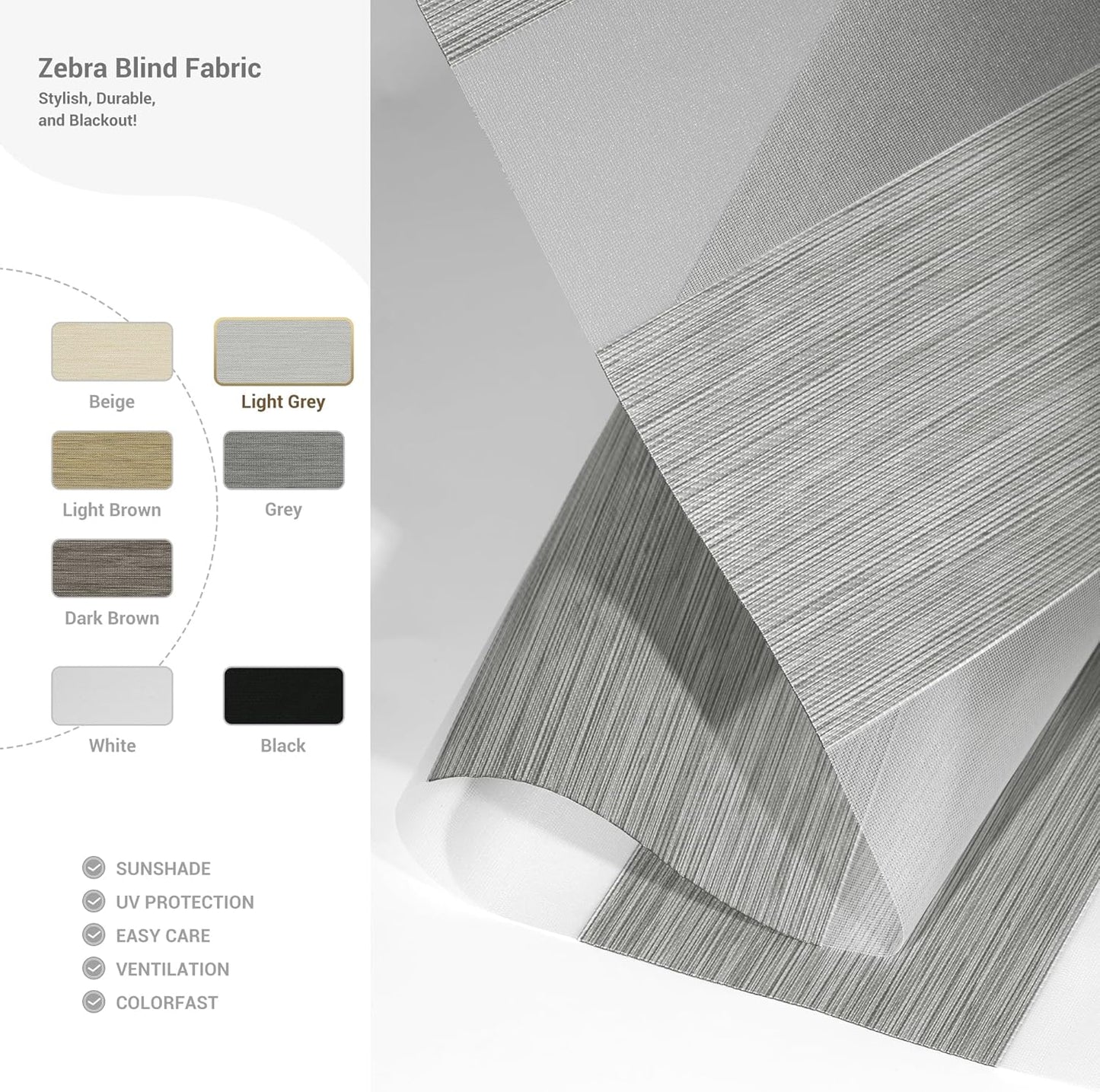 Cordless Zebra Blinds for Windows, Blackout Interior Blinds,Easy to Install,UV Protection,for Offices and Home,Custom Roller Shades, Mousse Light Grey,39" W x 56" H
