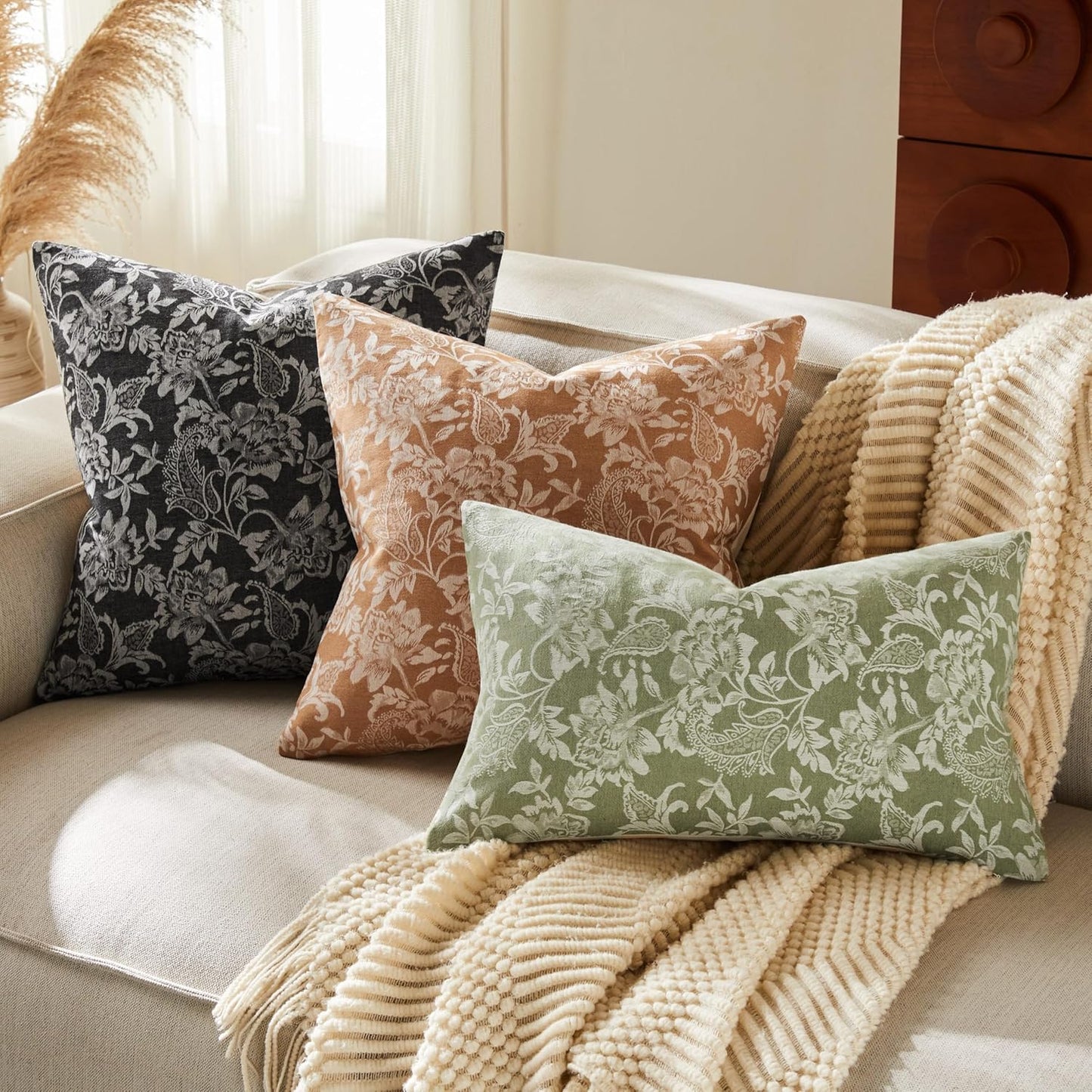 Floral Jacquard Throw Pillow Covers Set of 2, Background/Green 24x24 Inch, Farmhouse Decorative Cotton Sage Green Cushion Covers for Sofa Bed Living Room Home Decor