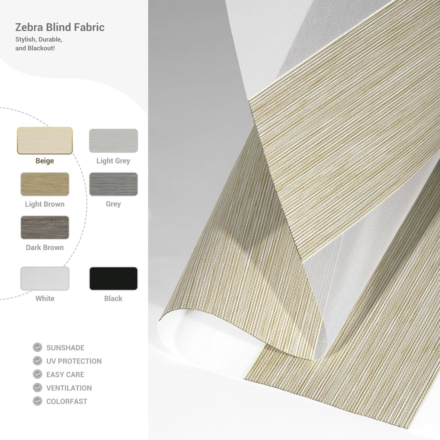 Cordless Zebra Blinds for Windows, Blackout Interior Blinds,Easy to Install,UV Protection,for Offices and Home,Custom Roller Shades, Mousse Beige,19" W x 88" H