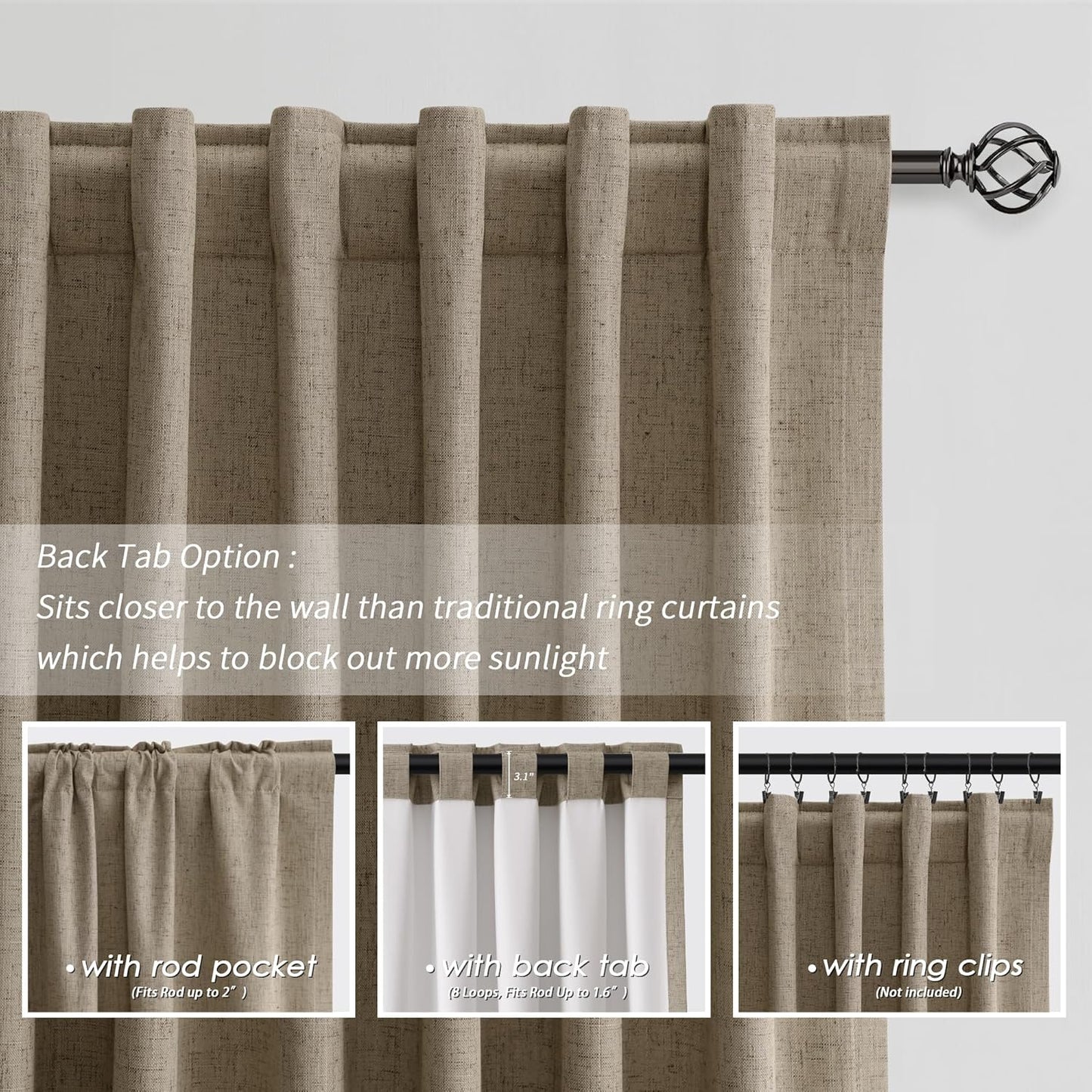 BOODII Room Darkening Curtains 120 Inch Back Tab Thermal Insulated Black Out Linen Drapes Extra Long Blackout Curtains for Patio Door Large Window Ceiling to Floor Light Blocking Matcha Brown 52x120