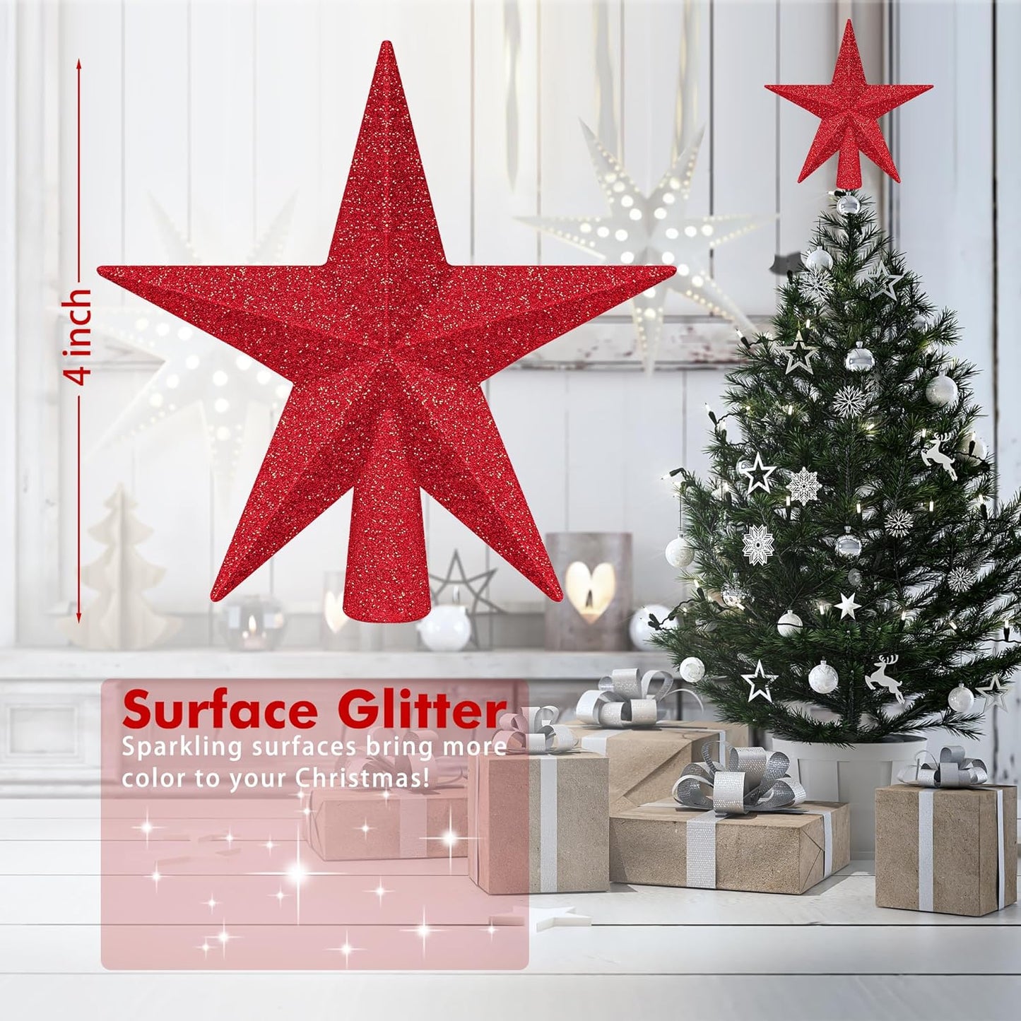 1PCS Star Tree Topper, 4" Red Christmas Tree Topper Glitter Decorations, Mini Bethlehem Star Xmas Shatterproof Tree Decorations, Waterproof Xmas Decor for Holiday Home Indoor/Outdoor Ornament