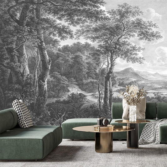 -Vintage Forest Fabric Wallpaper Grey Tree Mural Living Room 100" x 65" (Not Peel and Stick)