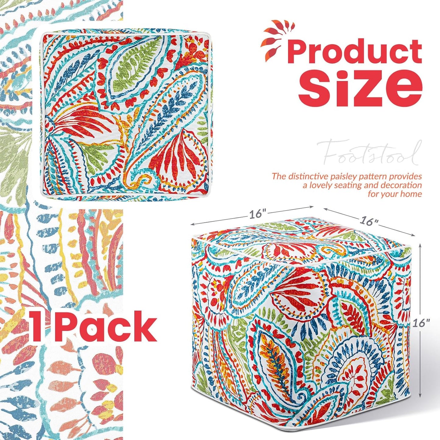 Juexica 1 Pack Ottoman Poufs Indoor Outdoor Inflatable Ottoman Stool Cube Pouffe Square Footstool with Handle for Patio Garden Home Boho Decorative Living Room, Bedroom (16 x 16 x 16 Inches)