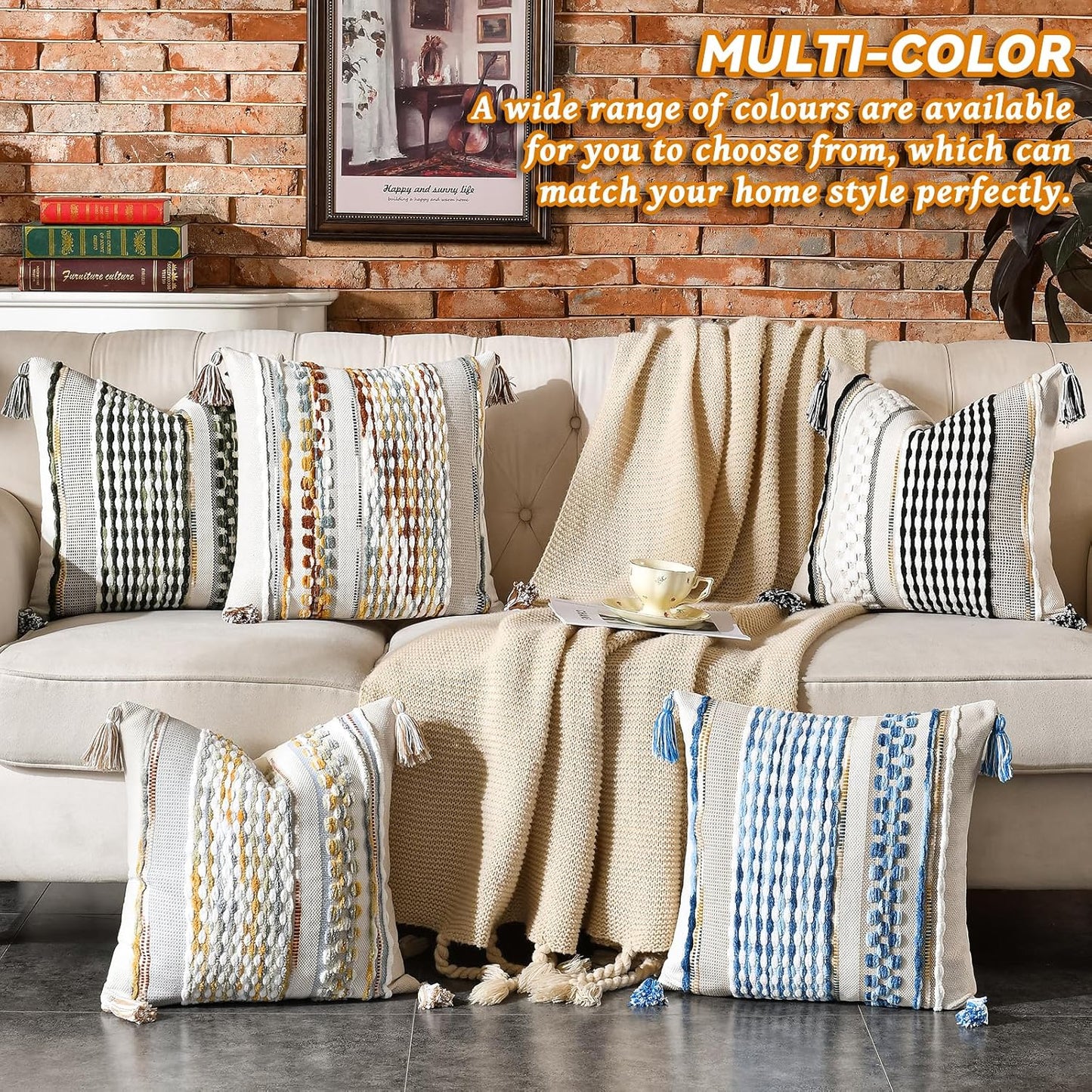 AmHoo Set of 2 Chenille Striped Textured Boho Throw Pillow Covers Aesthetic with Tassels Woven Decorative Pillow Case for Couch Bed Sofa Bedroom Modern Funky 18 x 18-Inch Sage Green