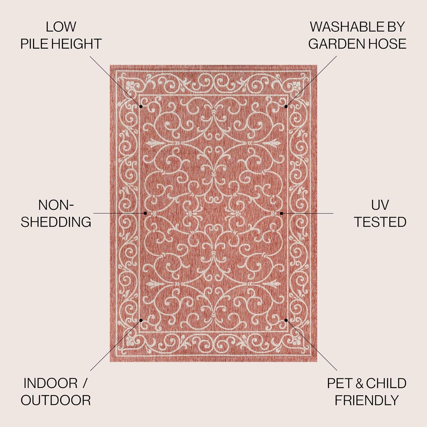 JONATHAN Y Vintage Filigree Indoor Outdoor Square Area Rug 6X6 Red/Beige, Charleston Textured Weave for Backyard, Patio, Porch, Easy-Cleaning, High Traffic, Pet-Friendly, Non-Shedding (SMB106B-6SQ)