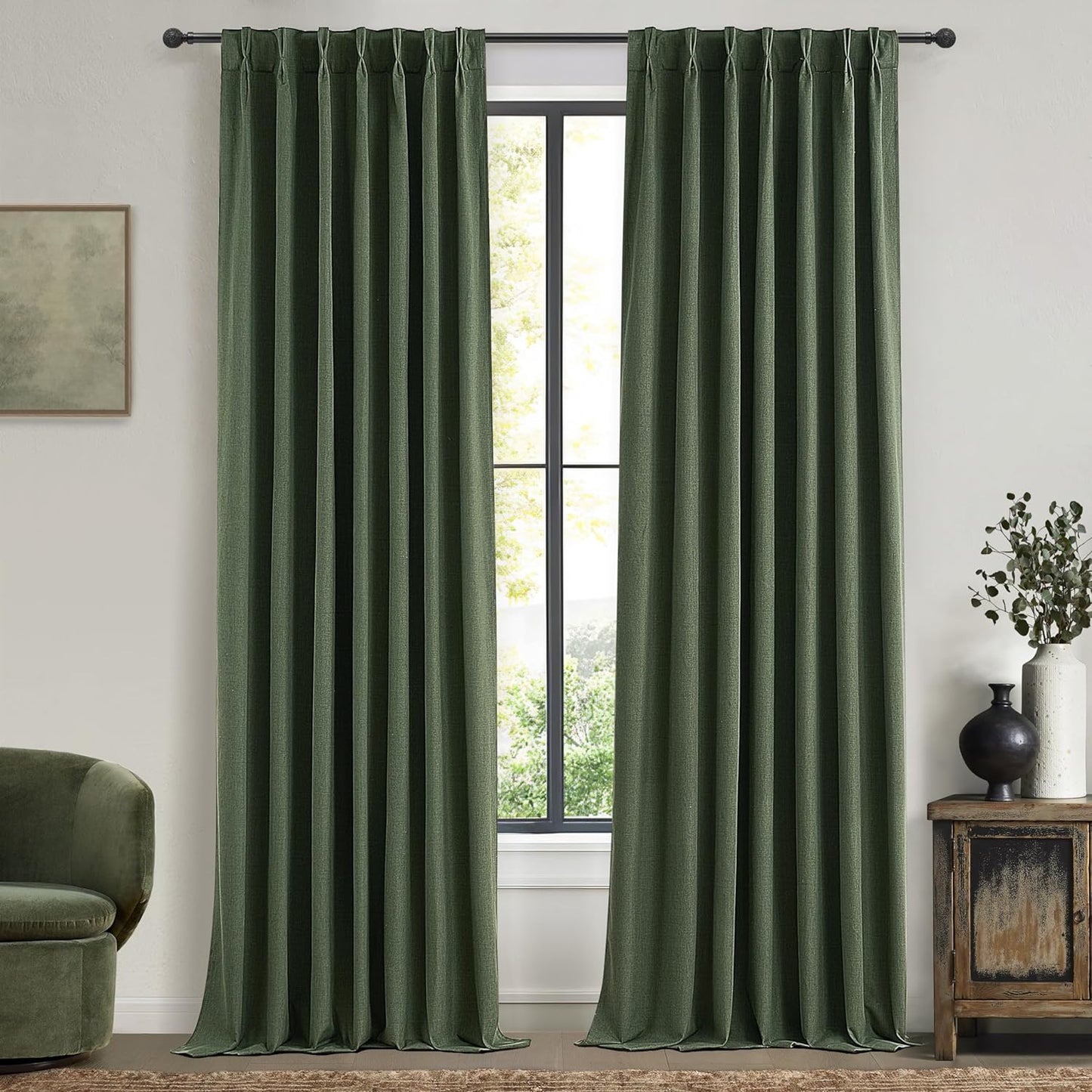 Decorative Blackout Curtains 95 Inches Long for Bedroom, Olive Green Pinch Pleated Textured Linen Blended Window Curtains 95 inch for Living Room Darkening Drapes with Hooks 2 Panels (40" Wx95 Lx2)