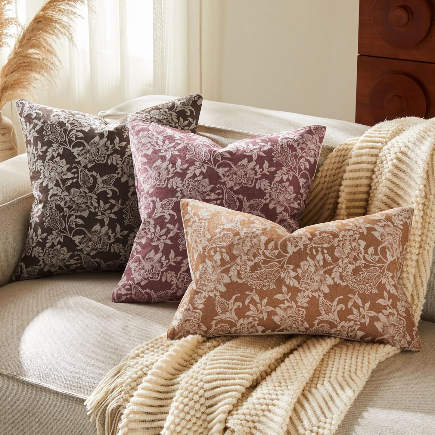 Floral Jacquard Throw Pillow Covers Set of 2, Background/Burgundy 20x20 Inch, Farmhouse Decorative Cotton Burgundy Cushion Covers for Sofa Bed Living Room Home Decor ﻿
