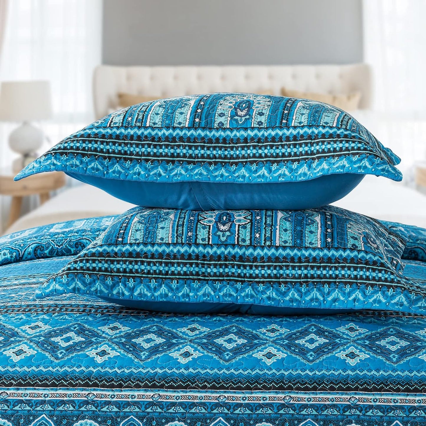 VAPUTAR Cotton Quilt Bedding Set - 3 Pieces, Boho King Size Quilts, Lightweight Reversible Coverlets Bedspreads for Farmhouse Bedroom (Blue)