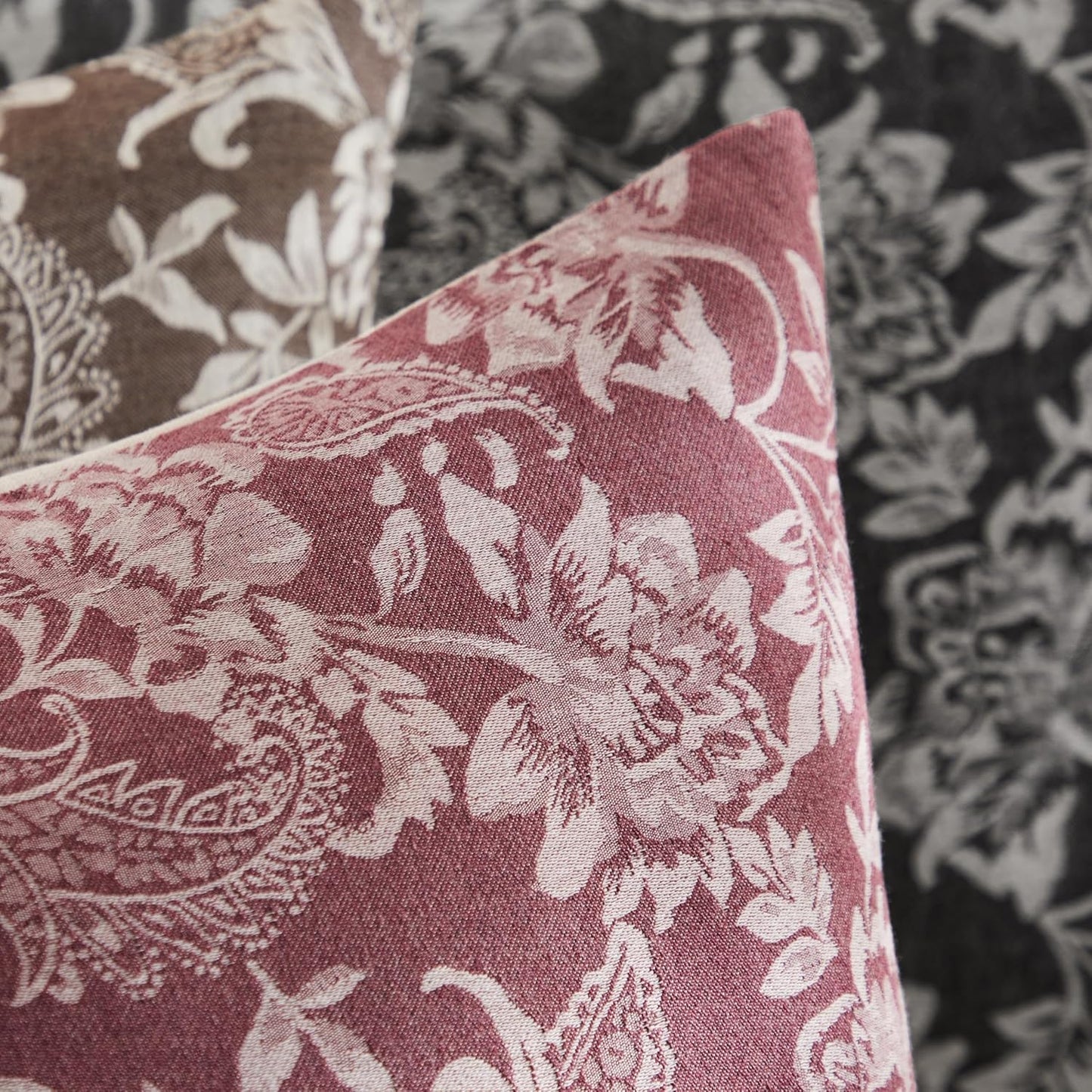 Floral Jacquard Throw Pillow Covers Set of 2, Background/Burgundy 16x16 Inch, Farmhouse Decorative Cotton Burgundy Cushion Covers for Sofa Bed Living Room Home Decor