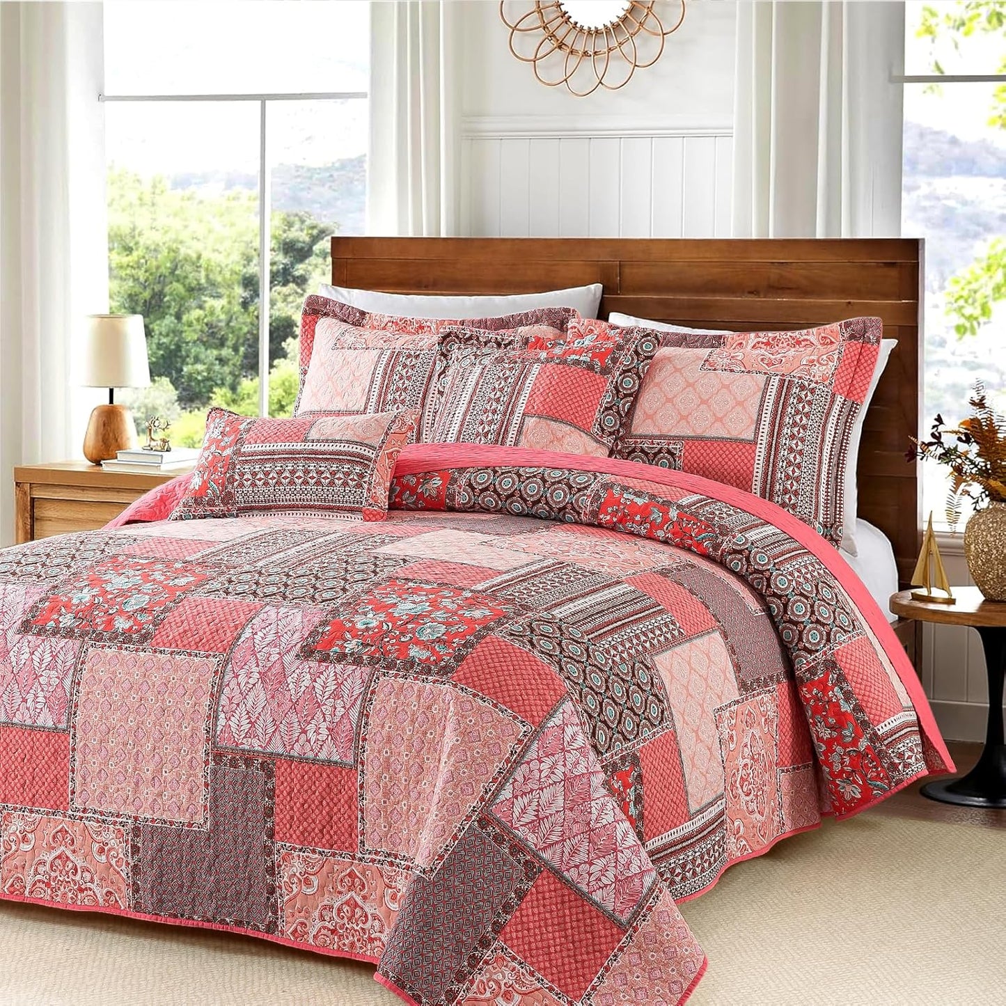 VAPUTAR Cotton King Size Quilt Bedding Sets, Pink King Bedspread Lightweight Quilted Reversible Coverlets Farmhouse 3 Pieces King Quilt Set Suitable for All Seasons Decoration