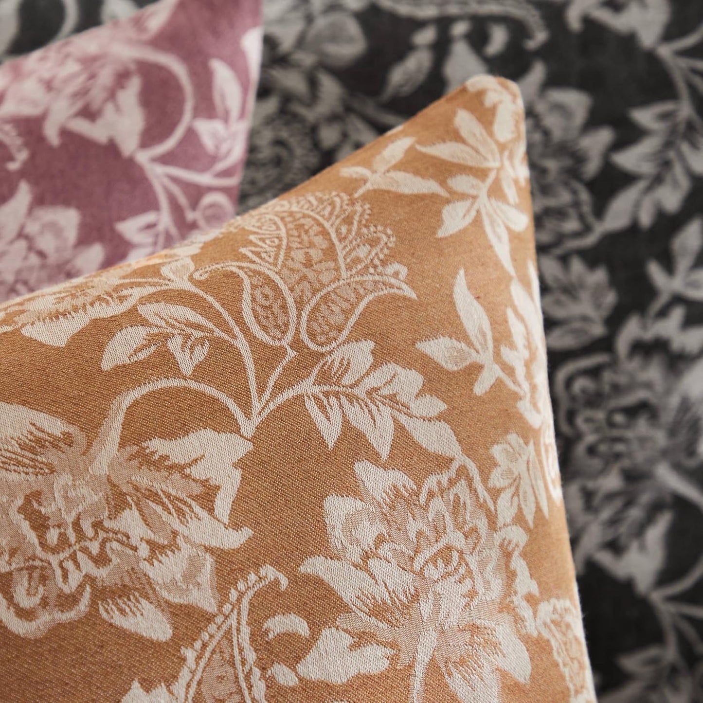 Floral Jacquard Throw Pillow Covers Set of 2, Background/Caramal 18x18 Inch, Farmhouse Decorative Cotton Caramal Cushion Covers for Sofa Bed Living Room Home Decor