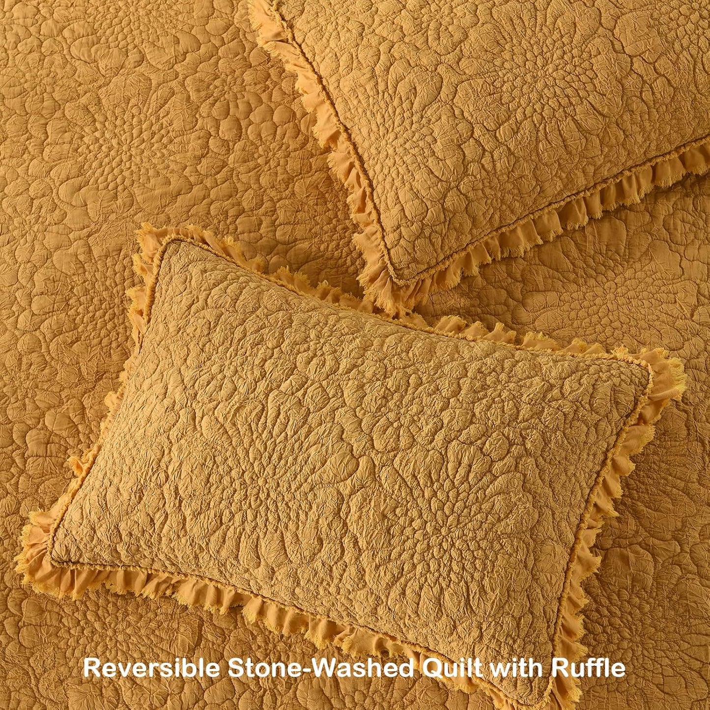 HORIMOTE HOME Yellow Ruffled Quilt King Size, Stone-Washed Microfiber Lightweight Crinkled Farmhouse Rustic Shabby Chic Bedding Set, 3 Pieces Reversible Bedspread with Pillow Shams for All Season