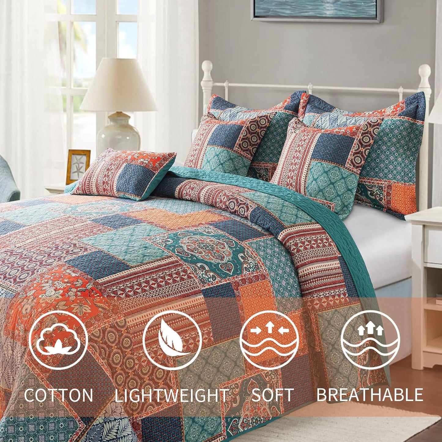 VAPUTAR Cotton Quilt Queen Size Bedding Set - 3 Pieces, Boho Queen Size Quilts, Lightweight Reversible Coverlets Bedspreads for Farmhouse Bedroom