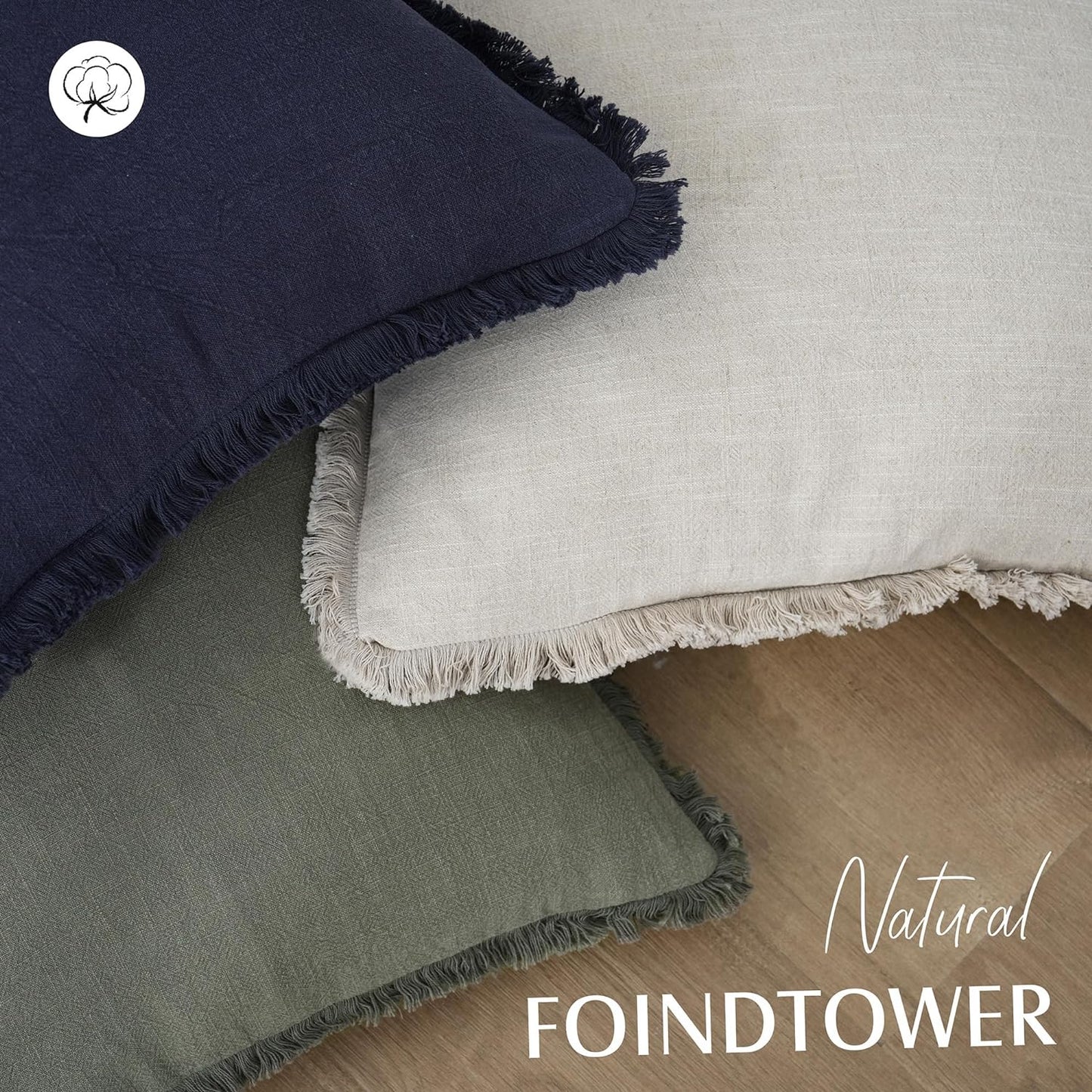 Foindtower Set of 2 Decorative Linen Fringe Throw Pillow Covers Cozy Boho Farmhouse Cushion Cover with Tassels Soft Accent Pillowcase for Couch Chair Sofa Bed Living Room Home Decor,18×18 Inch,Beige