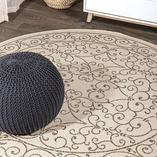 JONATHAN Y Vintage Filigree Indoor Outdoor Round Area Rug 8 Ft Beige/Brown, Charleston Textured Weave for Backyard, Patio, Porch, Easy-Cleaning, High Traffic, Pet-Friendly, Non-Shedding (SMB106A-8R)