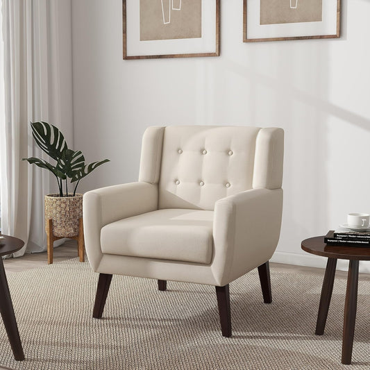 UIXE Accent Chair, Modern Upholstered Armchair in Fabric for Living Room, Comfy Club Arm Chairs Single Sofa Button Tufted Bedroom Reading Seat - White, Set of 1
