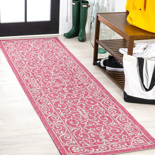 JONATHAN Y Vintage Filigree Indoor Outdoor Runner Rug 2X10 Fuchsia/Light Gray, Charleston Textured Weave for Backyard, Patio, Porch, Easy-Cleaning, Pet-Friendly, Non-Shedding (SMB106J-210)