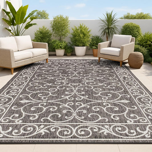 JONATHAN Y Vintage Filigree Indoor Outdoor Area Rug 3X5 Black/Gray, Charleston Textured Weave for Backyard, Patio, Porch, Easy-Cleaning, High Traffic, Pet-Friendly, Non-Shedding (SMB106G-3)