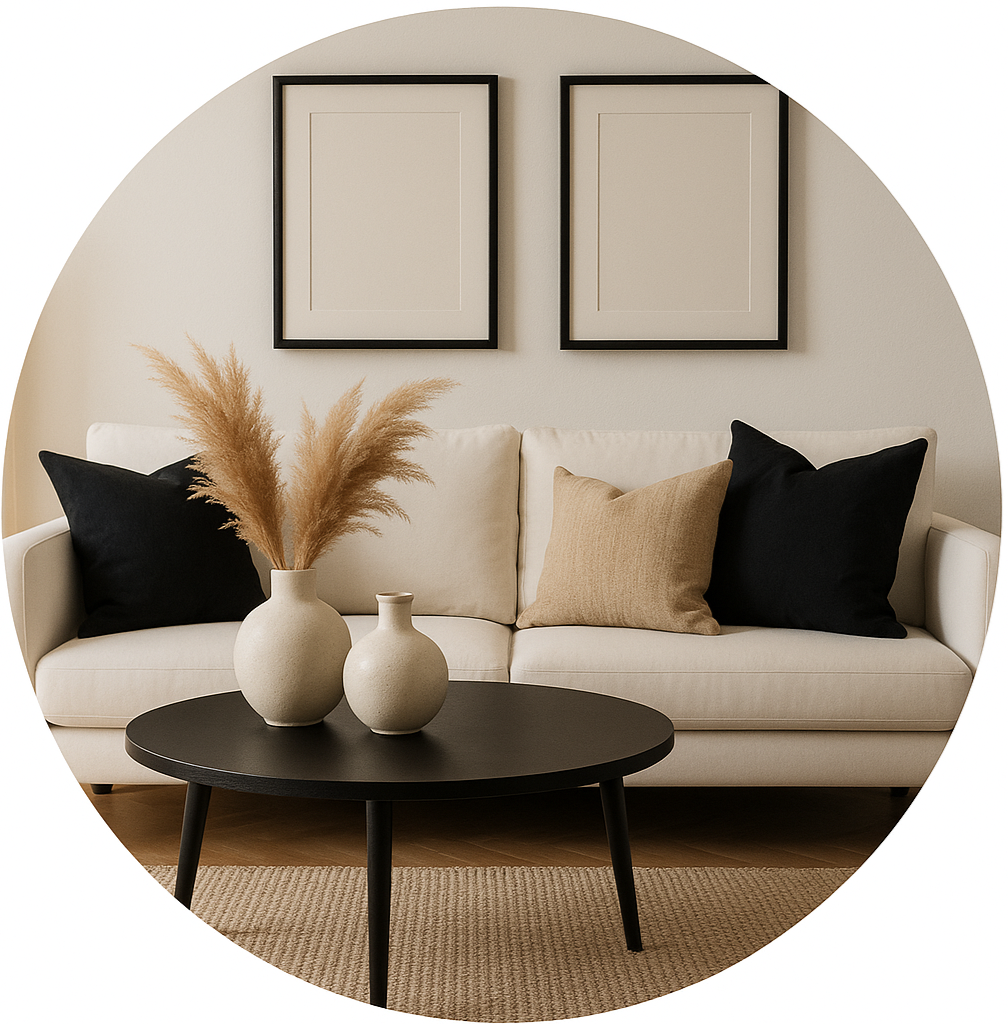 circle photo of home decor and make it a real photo, black, beige and white colors